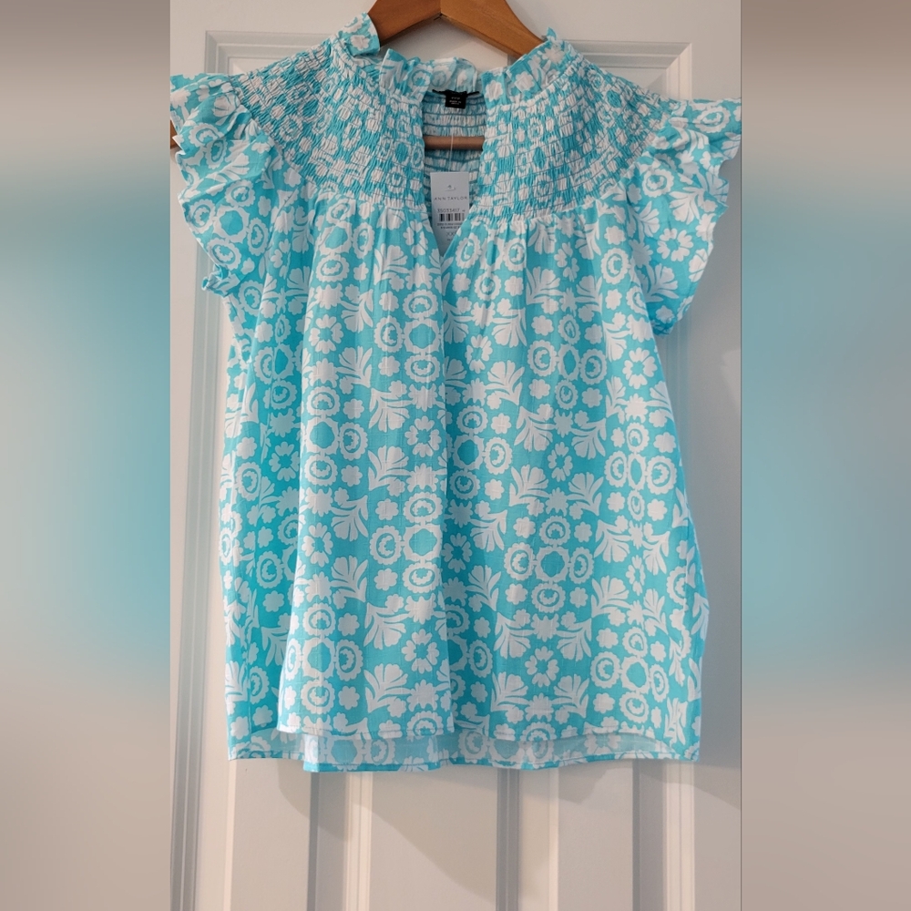 Ann Taylor Turquoise and White Floral Shirt